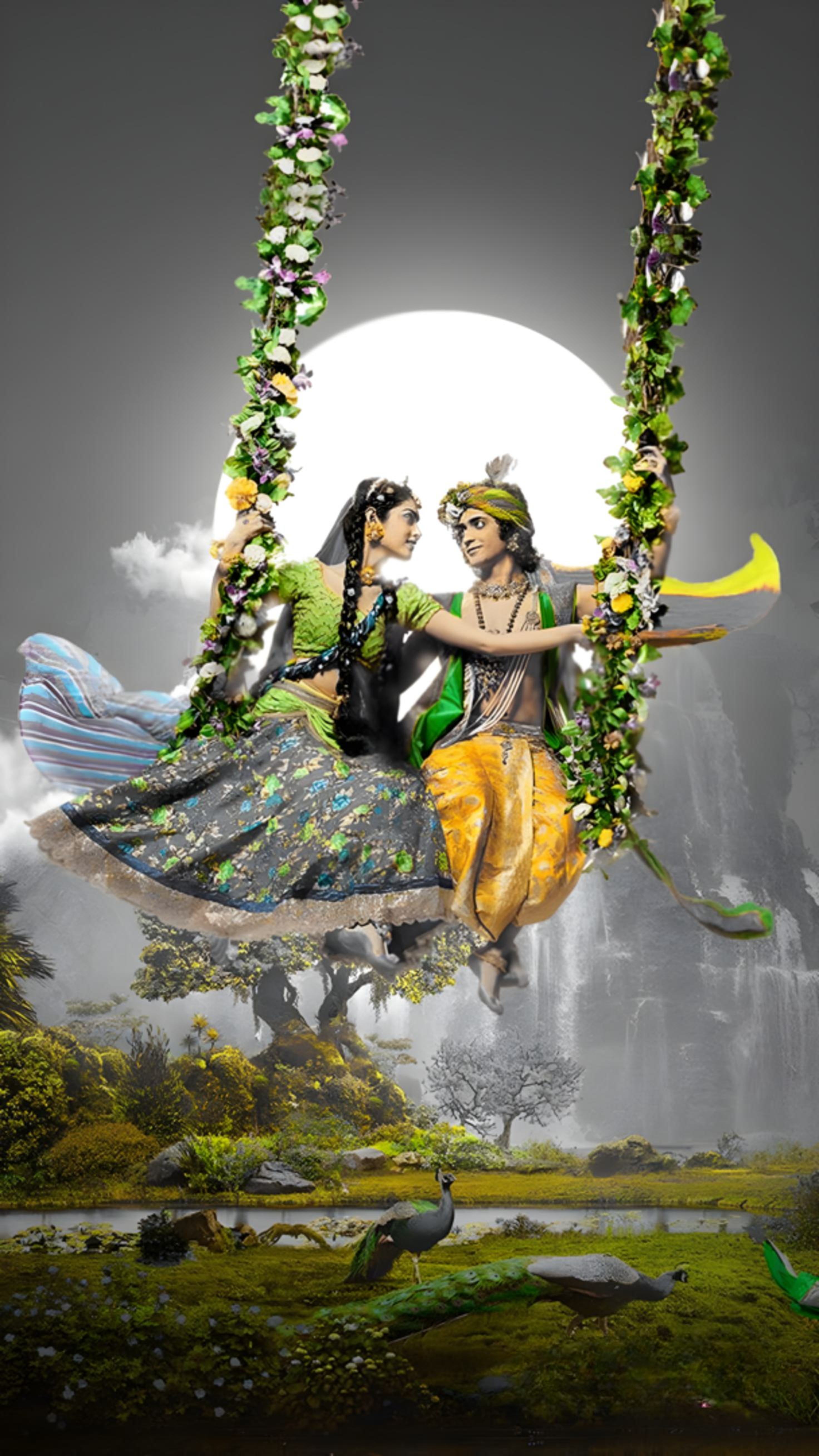 Radha Krishna Cute - Moon Background